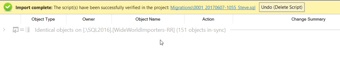 The ReadyRoll Pane now displays a message that the script(s) have been successfully verified in the Migrations project.